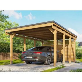 Carport Bois CASTELLANE 373X555 Panneau de Fond Intégré - Toiture en Bois + Feutre Bitumeux - Abri 1Voiture