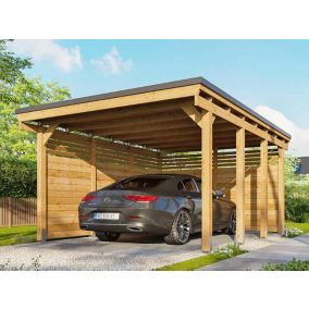 Carport Bois CASTELLANE 373X555 Panneaux de Fond et Latéraux Intégrés - Toiture en Bois - Abri Voiture - 1 Voiture