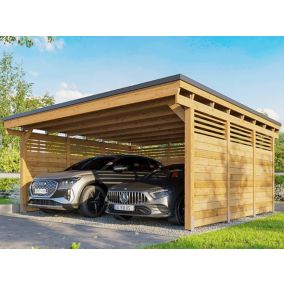 Carport Bois CASTELLANE 558X555 Panneau de Fond et Latéraux Intégrés - Toiture Bois + Feutre Bitumeux - 2 Voiture