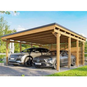 Carport Bois CASTELLANE 558X555 Panneau de Fond Intégré - Toiture en Bois + Feutre Bitumeux - Abri 2 Voiture