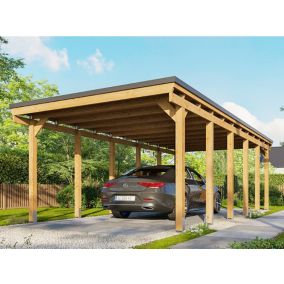 Carport CASTELLANE en Bois Traité Autoclave - 1 Voiture - 373x860 cm - Support Ancrage Inclus - Revêtement en feutre bitumeux