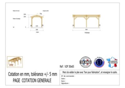 Carport  deux pentes 300cm x 650cm, bois DOUGLAS Français  (Charpente en bois-auvent-abri voiture),  20 m². Garantie 10 ans