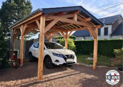 Carport  deux pentes 300cm x 650cm, bois DOUGLAS Français  (Charpente en bois-auvent-abri voiture),  20 m². Garantie 10 ans