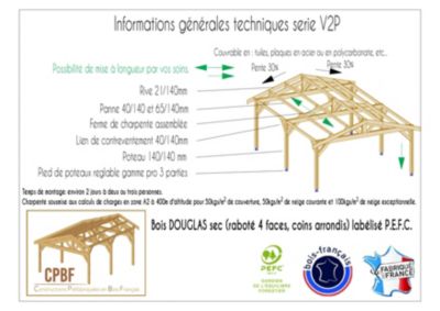Carport  deux pentes 300cm x 650cm, bois DOUGLAS Français  (Charpente en bois-auvent-abri voiture),  20 m². Garantie 10 ans