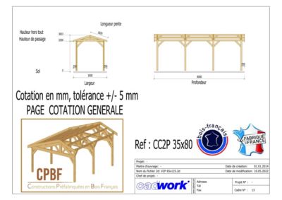 Carport deux pentes 350cmx800cm Bois DOUGLAS Français label PEFC (Charpente - Auvent - Abri Camping-car) surface 28 m²