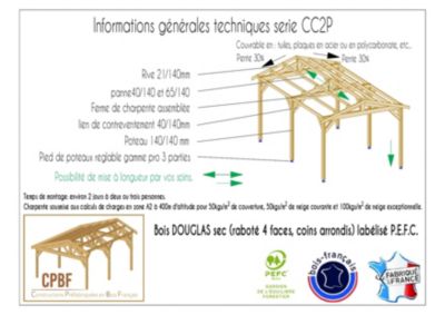 Carport deux pentes 350cmx800cm Bois DOUGLAS Français label PEFC (Charpente - Auvent - Abri Camping-car) surface 28 m²