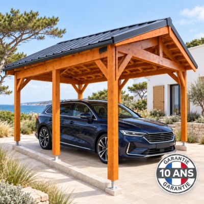 Carport  deux Pentes 400cmx500cm, Bois DOUGLAS Français  (Charpente en bois-auvent-abri voiture),  20 m². Garantie 10 ans