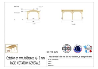 Carport  deux pentes 400cmx550cm, Bois DOUGLAS français  (Charpente en bois-auvent-abri voiture),  22 m². Garantie 10 ans