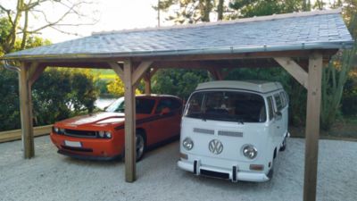 Carport  deux pentes 400cmx550cm, Bois DOUGLAS français  (Charpente en bois-auvent-abri voiture),  22 m². Garantie 10 ans