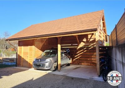 Carport  deux pentes, 650cm x 950cm, bois DOUGLAS Français  (Charpente en bois-auvent-abri voiture),  62m². Garantie 10 ans