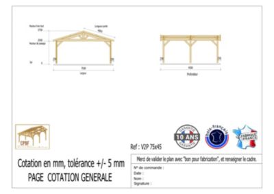Carport  deux pentes 750cmx450cm, bois DOUGLAS Français  (Charpente en bois-auvent-abri voiture). Garantie 10 ans