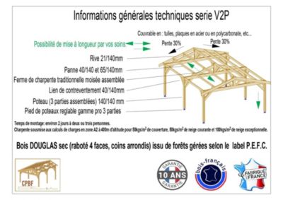 Carport  deux pentes 750cmx450cm, bois DOUGLAS Français  (Charpente en bois-auvent-abri voiture). Garantie 10 ans