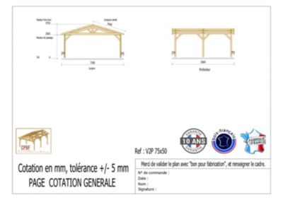 Carport  deux pentes 750cmx500cm, bois DOUGLAS Français  (Charpente en bois-auvent-abri voiture). Garantie 10 ans