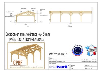 Carport deux pentes faitage décalé 600cmx1150cm Bois DOUGLAS  (Charpente - Auvent - Abri voiture) surface 69 m²