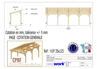 Carport monopente 350cmx1250cm Bois DOUGLAS Français label PEFC (Charpente - Auvent - Abri voiture) surface 44 m²