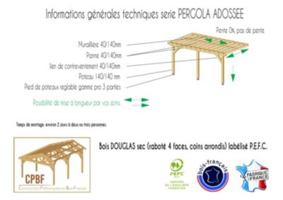 Carport pergola adossée 700cmx500cm Bois DOUGLAS Français label PEFC (Charpente-Auvent - Abri terrasse) surface 35 m²