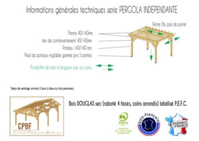 Carport pergola indépendante 450cmx350cm Bois DOUGLAS Français label PEFC (Charpente-Auvent - Abri terrasse) surface 1575 m²