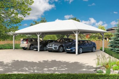 Carport SKAN HOLZ Taunus 1176x634cm, bois lamellé-collé, traitement coloré blanc