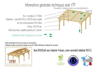 Carport toit plat, 300cmx550cm, bois DOUGLAS Français  (Charpente en bois-auvent-abri voiture) 17 m². Garantie 10 ans