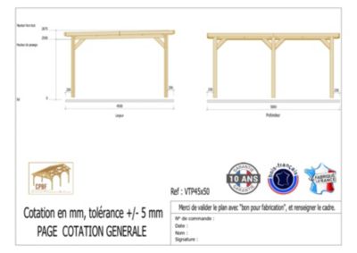 Carport toit plat, 450cmx500cm, bois DOUGLAS Français  (Charpente en bois-auvent-abri voiture) 23 m². Garantie 10 ans