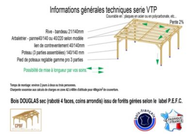 Carport toit plat, 450cmx500cm, bois DOUGLAS Français  (Charpente en bois-auvent-abri voiture) 23 m². Garantie 10 ans