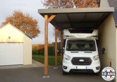 Carport toit plat adossé 350cmx650cm bois DOUGLAS français (charpente - auvent - abri camping-car). 23 m². Garantie 10 ans.
