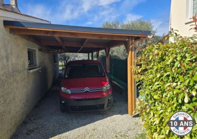 Carport toit plat adossé 400cmx1250cm bois DOUGLAS français (charpente - auvent - abri camping-car). 50 m². Garantie 10 ans.