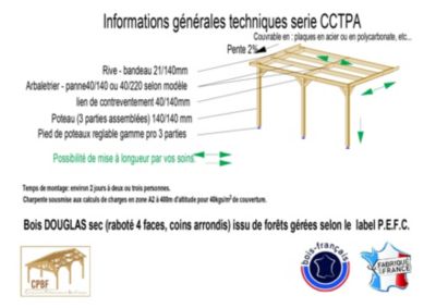 Carport toit plat adossé 450cmx1250cm bois DOUGLAS français (charpente ...