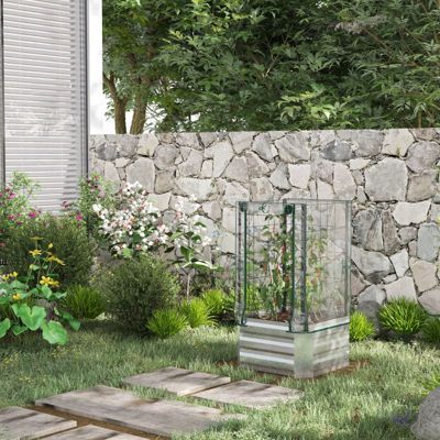 Carré potager 53x53 cm en acier argenté avec mini-serre PVC et treillis