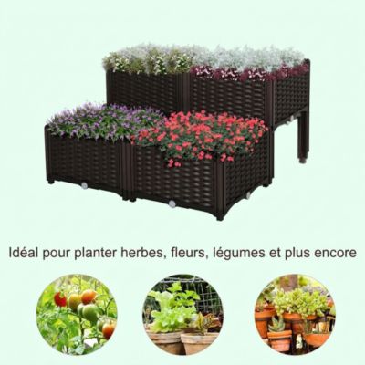 Carré potager sur pied avec réserve d'eau lot de 4 plastique marron 40x40 cm
