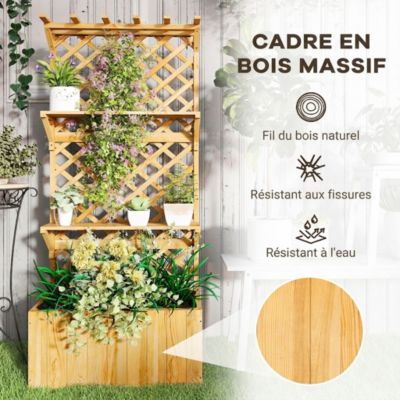 Carré potager sur pied avec treillis et étagères en bois de sapin
