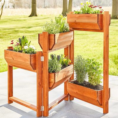 Carré potager sur pied en bois de pin massif avec 5 bacs modulable et toison intérieure 514 vernis
