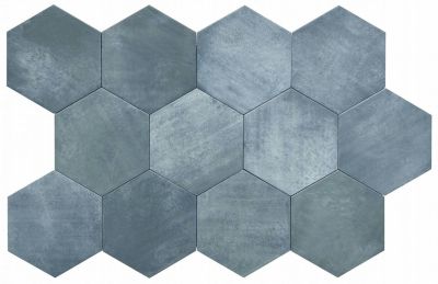 Carreau Hexagonal en Grès Cérame Effet Ciment. Série Denia Bleu 14x16 cm