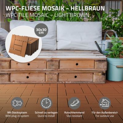 Carreaux de sol WPC 30x30cm 1 m² mosaïque pour jardin piscine patio marron clair
