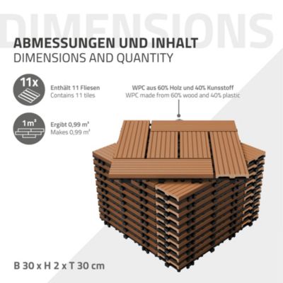 Carreaux de sol WPC 30x30cm 1 m² mosaïque pour jardin piscine patio marron clair
