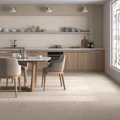 Carrelage mur faience effet terrazzo 32x99 cm Croccante Topping-R Avellana