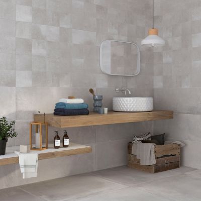Carrelage mural intérieur effet béton gris décor carrés texturés L.90 x l.30 cm x ép.8 mm, Pavlos