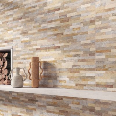 Carrelage mural intérieur effet pierre beige décor quartzite 3D L.60 x l.30 cm x ép.8,2 mm, Quartz 3D
