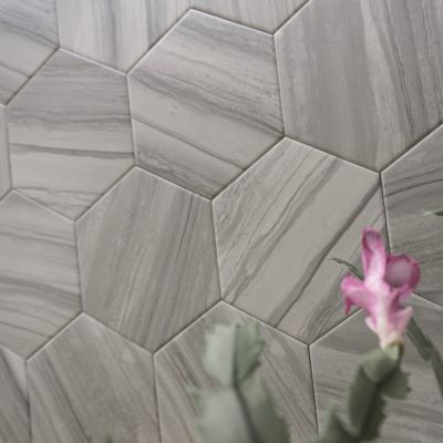 Carrelage Premium sol/mur. Effect travertine mat Samoa Gris hexagonal 14x16cm