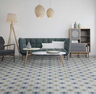 Carrelage sol et mur effet carreaux de ciment tons bleus et verts L.45 x l.45 cm x ép.9,5 mm, Mediterranea Javea