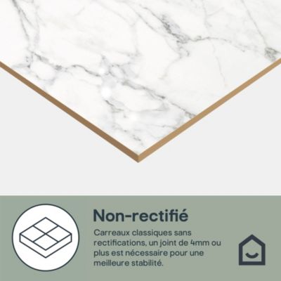 Carrelage sol et mur effet marbre blanc brillant L.60,8 x l.60,8 cm x ép.8,8 mm, Aruma