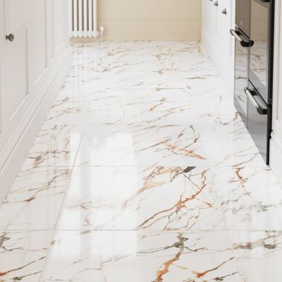 Carrelage sol et mur effet marbre blanc et rouge brillant L.60,8 x l.60,8 cm x ép.8,8 mm, Aruma