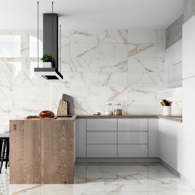 Carrelage sol et mur en grès cérame effet marbre blanc et doré poli L ...