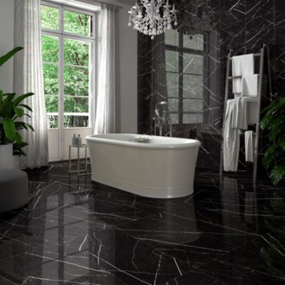Carrelage sol et mur en grès cérame effet marbre noir poli L.60 x l.30 cm x ép.9 mm, Tresor