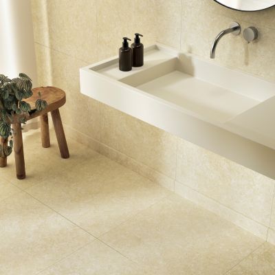 Carrelage sol et mur grès cérame émaillé effet travertin beige mat L.60 x l.60 cm x ép.7,4 mm, Traverno