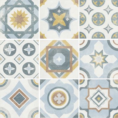 Carrelage sol et mur intérieur effet carreaux de ciment tons bleus et ocres L.20 x l.20 cm x ép.7,4 mm, Liberty bleu