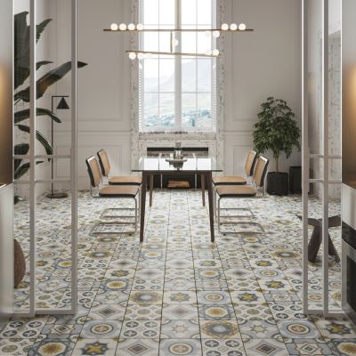 Carrelage sol et mur intérieur effet carreaux de ciment tons bleus et ocres L.20 x l.20 cm x ép.7,4 mm, Liberty bleu