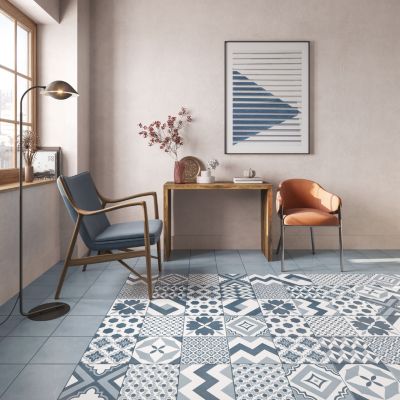 Carrelage sol et mur intérieur effet carreaux de ciment tons bleus L.20 x l.20 cm x ép.7,4 mm, Glamour Océan Mix