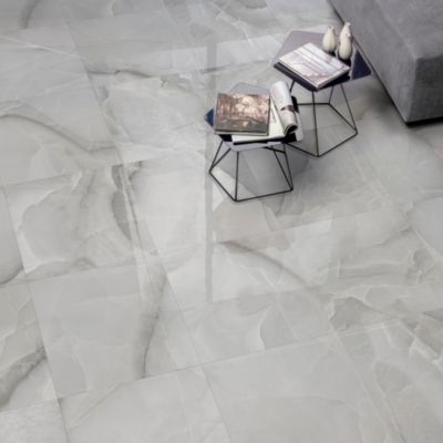 Carrelage sol et mur intérieur effet marbre blanc brillant L.60 x l.60 cm x ép.9 mm, Harvey