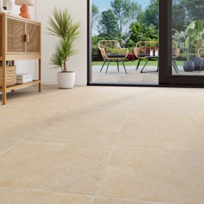 Carrelage sol et mur intérieur effet pierre ivoire mat L.50 x l.50 cm x ép.9 mm, Sunstone